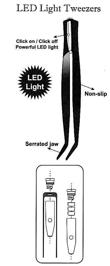 LED Lighted Tweezer with Bent Tips & Serrated Jaws 6.5" (168mm) Black Anodised