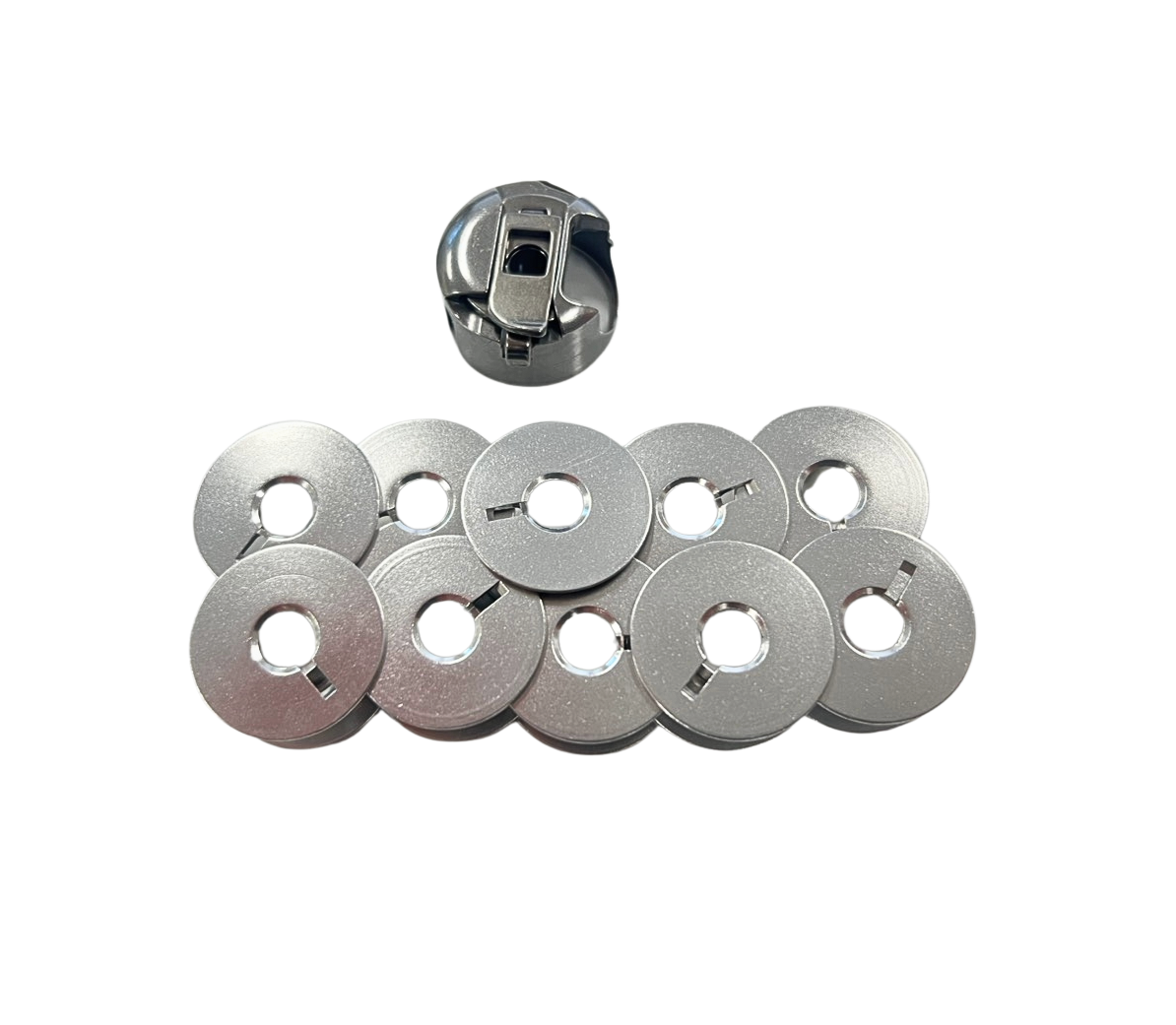 1X Bobbin Case & 10X Alum. Bobbin For ALFA 102,109, NECCHI527,529,533,720
