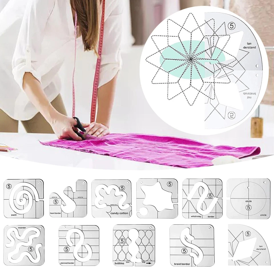 Metal High Shank Ruler Foot Free Motion Quilting Template 11PCS Sets Glove/Grip