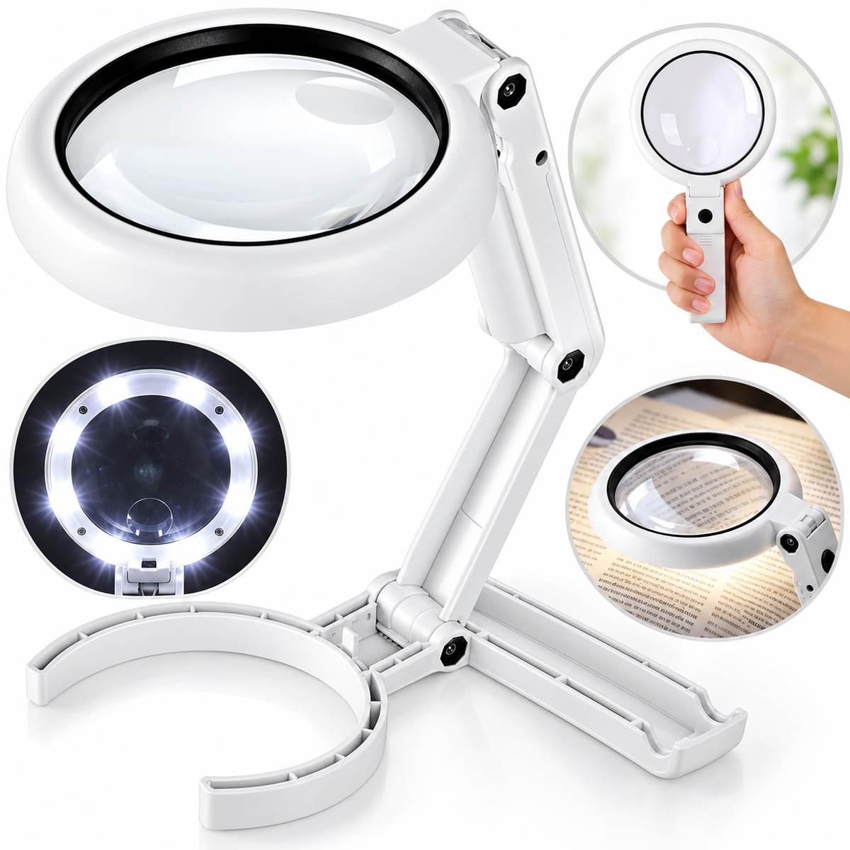 30X 10X Magnifying Glass with Light and Stand, Foldable Handheld