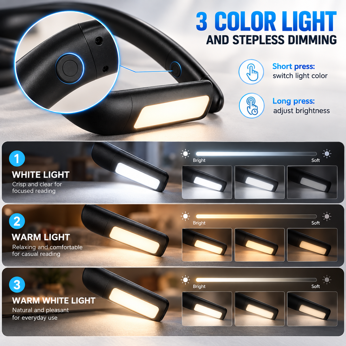 LED Neck Bendable Light 3 Color Adjustable for Reading, Hand Craft, Knitting, Camping