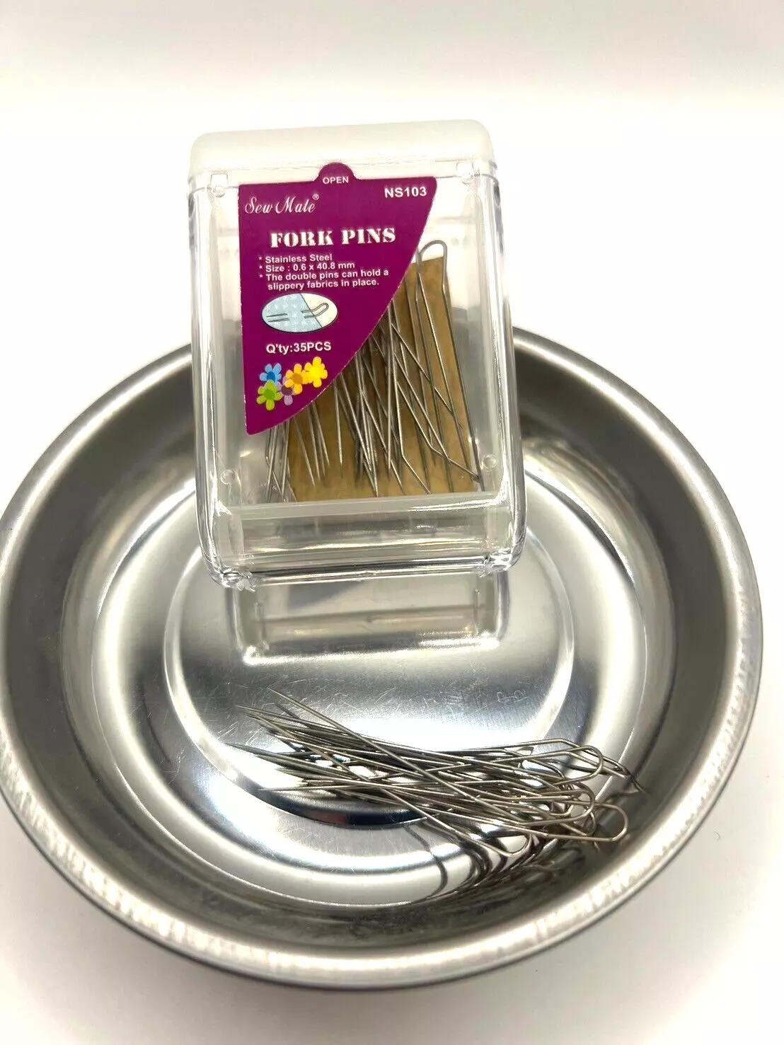 Magnetic Plate + Craft Sewing Quilting Fork Pins in Stackable Container