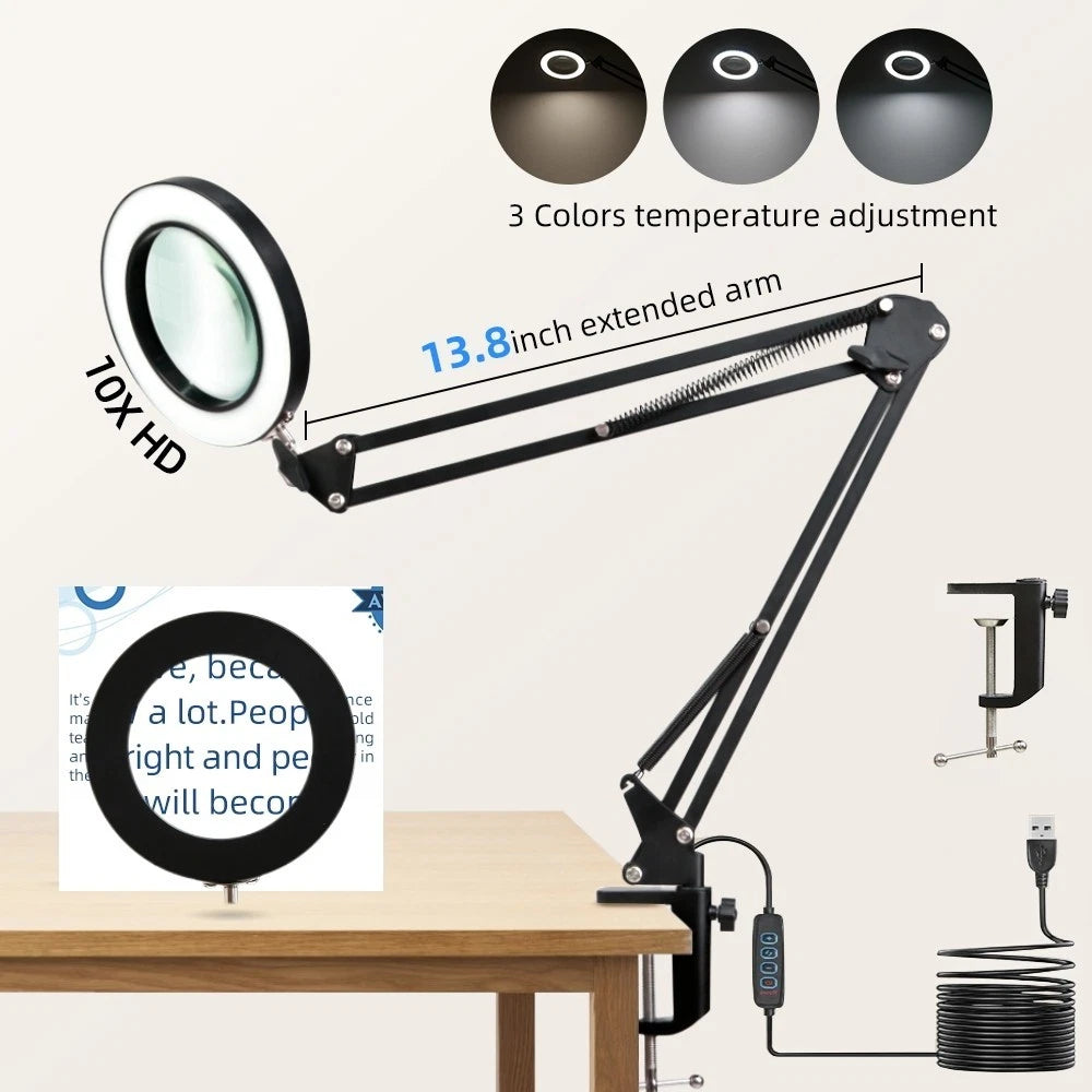 10X 20X LED Magnifying Lamp Clamp Light for Sewing Knitting Cross-Stitch