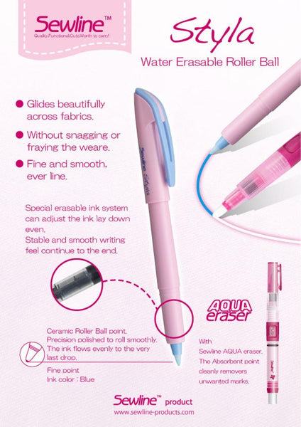 "Sewline" Styla Water Erasable Roller Ball Point Pen (Pale Blue Ink)