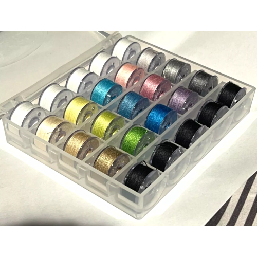 Bobbin Box with 25 Prewound Bobbin Threads on Plastic Bobbins (Mixed Colors)