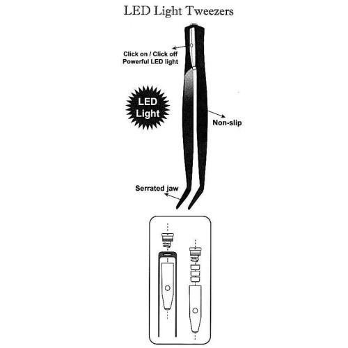 LED Lighted Tweezer with Bent Tips & Serrated Jaws 6.5" (168mm) Black Anodised